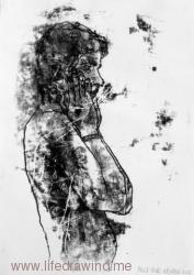 Standing male nude upper body profile with hands to his face black and white monoprint