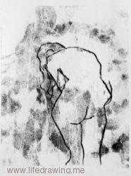 Standing female figure, back view leaning forward black and white monoprint