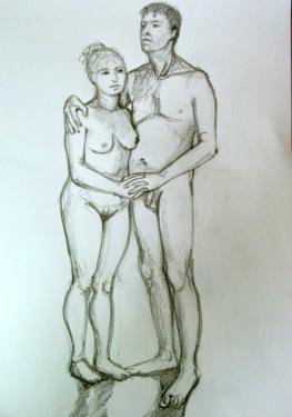 Drawing of nude couple standing